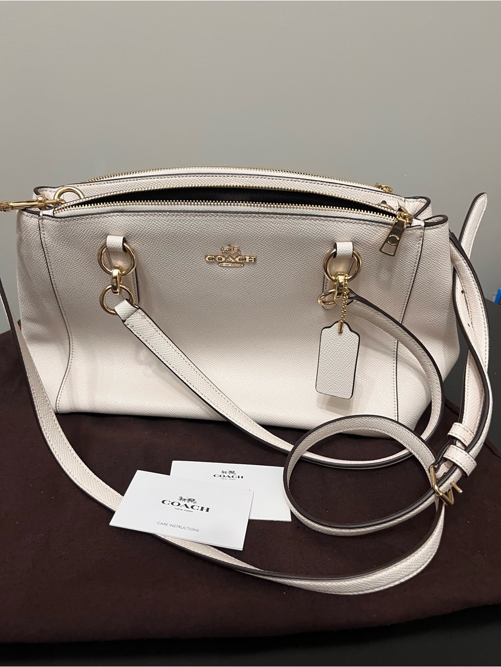 Coach Cream Pebbled Leather Double-Zip Shoulder Bag with Gold Hardware